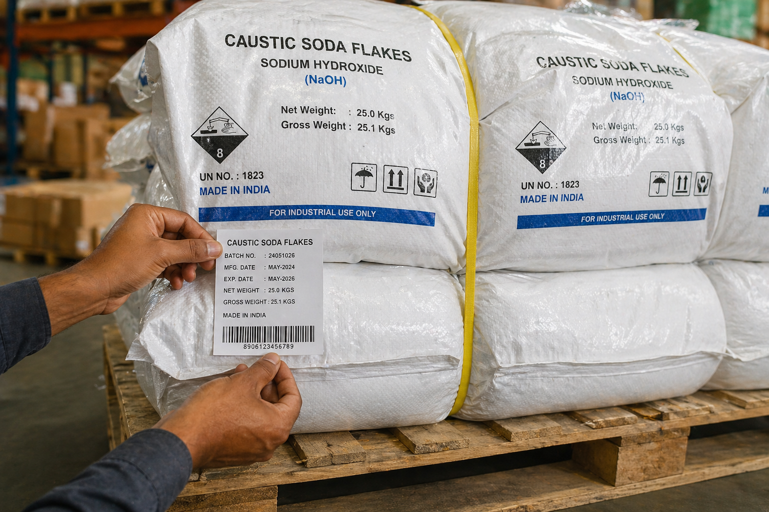 Export-ready chemical bags stacked on pallets