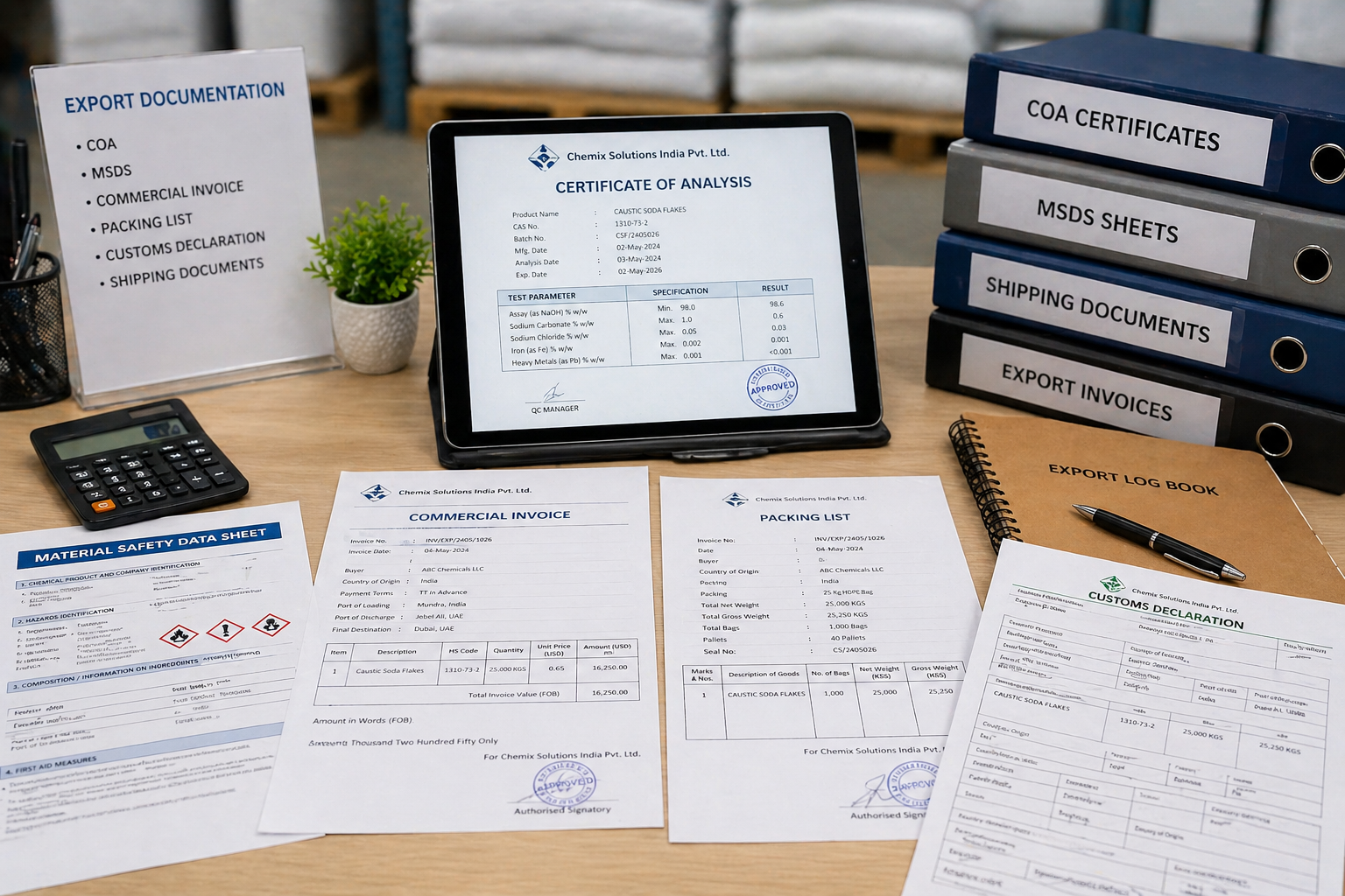 Export documentation including COA, MSDS and invoices