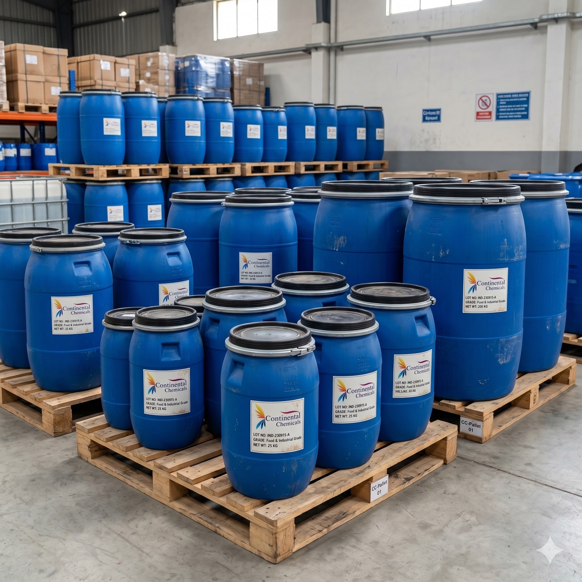 HDPE drum packing in 25 kg, 50 kg and 100 kg sizes